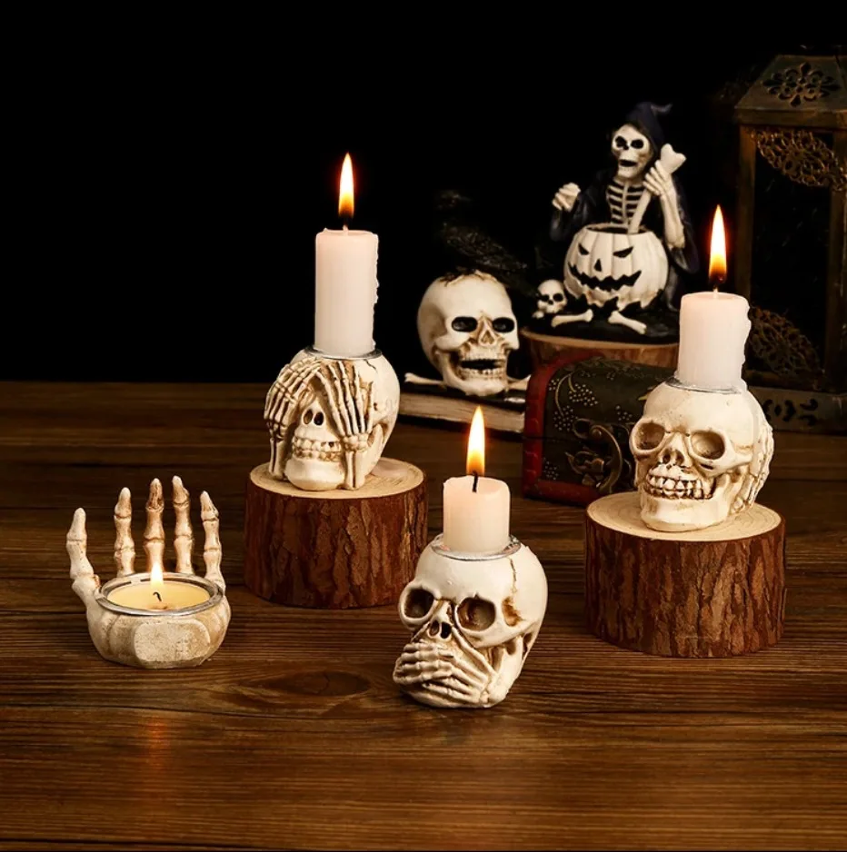 Spooky Skull Candle Holder Set